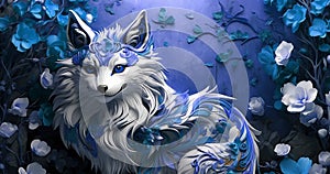 Abstract fox with beautiful abstract blossom flowers background