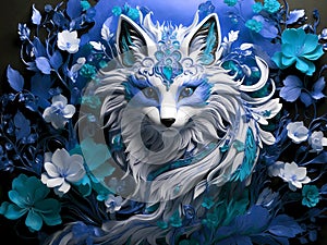 Abstract fox with beautiful abstract blossom flowers background