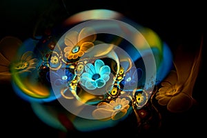 Abstract fractal 3d flowers on a dark background. Multi-colored fractal image