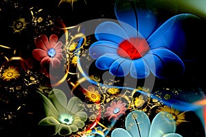 Abstract fractal 3d flowers on a dark background. Multi-colored fractal image