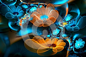 Abstract fractal 3d flowers on a dark background. Multi-colored fractal image