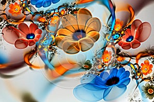 Abstract fractal 3d flowers on a light background. Multi-colored fractal image