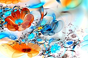 Abstract fractal 3d flowers on a light background. Multi-colored fractal image