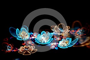 Abstract fractal 3d space flowers against a dark beautiful starry sky. Multicolored fractal image on a black background