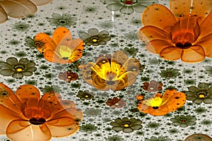 Abstract fractal 3d space orange flowers against a light beautiful starry sky. Multicolored fractal image on a light background