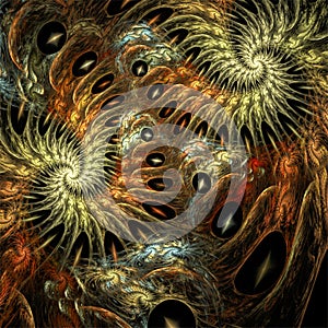 Abstract fractal art mystic gold and orange spirals