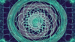 abstract fractal background A blue seed of life symbol sacred geometry on a light green background. Circles and waves