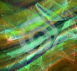 Abstract fractal background with green stylized stone. The stone is riddled with veins, along it there are illuminated stripes. 3d photo