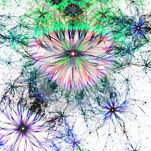 Abstract fractal background with large interconnected stars and alien space flowers with intricate decorative geometric pattern