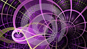 Abstract fractal background made out of   interconnected rings and spirals with rectangular tiles in shining pink, yellow, green