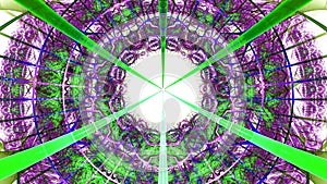 Abstract fractal background made out of intricate interconnected arches, crosses and rings and a bright energy blast.