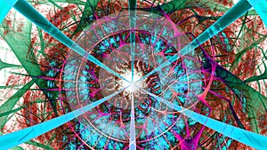 Abstract fractal background made out of intricate interconnected arches, crosses and rings and a bright energy blast.