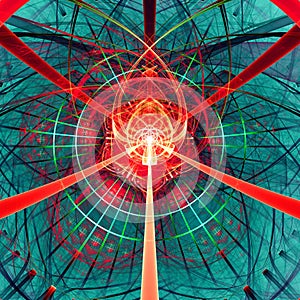 Abstract fractal background made out of intricate interconnected arches, crosses and rings and a bright energy blast.