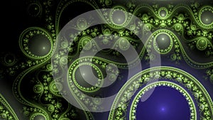 Abstract fractal background made out of modern looking intricate glowing pattern of connected rings, circles, arches and waves