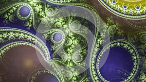 Abstract fractal background made out of modern looking intricate glowing pattern of connected rings, circles, arches and waves