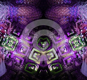 Abstract fractal background with purple and green blurred squares in rows at an angle to the vertical centerline.