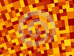 Abstract fractal background in red, orange, yellow and brown, with a curved retro pixel mosaic