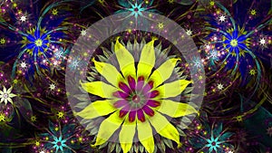 Abstract fractal background with twisted interconnected psychedelic space flowers with a large central yellow one