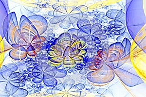 Abstract fractal computer-generated glowing 3d blue flowers. Multicolored fractal painting on a light background