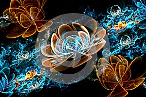 Abstract fractal computer-generated glowing 3d flowers. Multicolored fractal painting on a black background