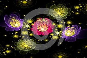Abstract fractal computer-generated glowing 3d flowers. Multicolored fractal painting on a black background