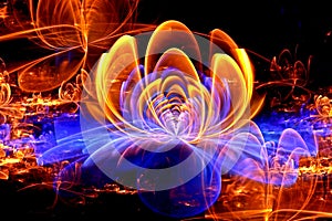 Abstract fractal computer-generated glowing 3d flowers. Multicolored fractal painting on a black background