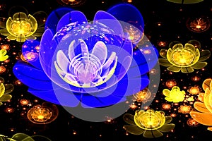 Abstract fractal computer-generated glowing 3d flowers. Multicolored fractal painting on a black background