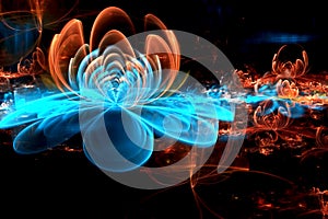 Abstract fractal computer-generated glowing 3d flowers. Multicolored fractal painting on a black background