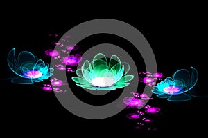 Abstract fractal computer-generated glowing 3d flowers. Multicolored fractal painting on a black background