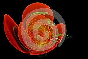 Abstract fractal computer-generated glowing 3d flowers. Multicolored fractal painting on a dark background resembles a red poppy