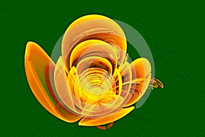 Abstract fractal computer-generated glowing 3d flowers. Multicolored fractal painting on a green background resembles a yellow
