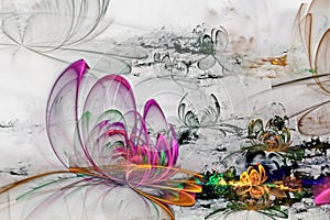 Abstract fractal computer-generated glowing 3d flowers. Multicolored fractal painting on a light background resembles a