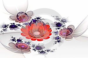 Abstract fractal computer-generated glowing 3d flowers. Multicolored fractal painting on a light background resembles a
