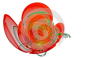 Abstract fractal computer-generated glowing 3d flowers. Multicolored fractal painting on a light background resembles a red poppy