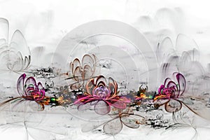 Abstract fractal computer-generated glowing 3d flowers. Multicolored fractal painting on a light background resembles a watercolor