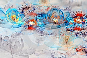 Abstract fractal computer-generated glowing 3d flowers. Multicolored fractal painting on a light background resembles a watercolor