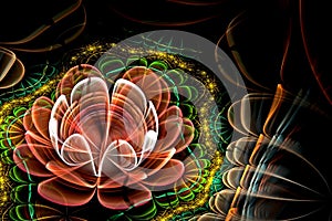 Abstract fractal computer-generated glowing 3d flowers. Multicolored fractal painting on a black background