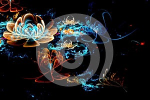 Abstract fractal computer-generated glowing 3d flowers. Multicolored fractal painting on a black background