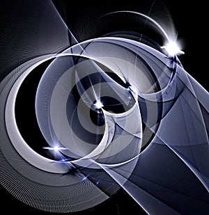 Abstract, fractal, computer-generated image of multicolored arches and curves on a dark background