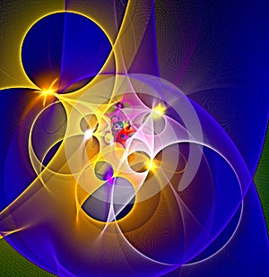 Abstract, fractal, computer-generated image of multicolored arches and curves on a dark background