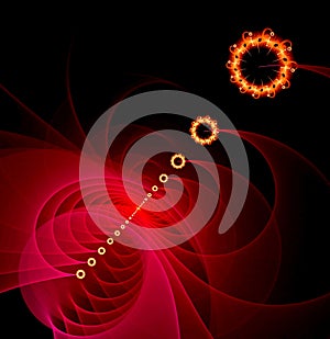 Abstract, fractal, computer-generated image of multicolored arches and curves on a dark background