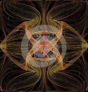 Abstract fractal computer generated image of a multicolored geometric pattern on a dark background