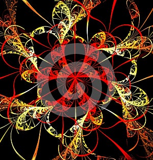 Abstract fractal computer generated image of a multicolored geometric pattern on a dark background