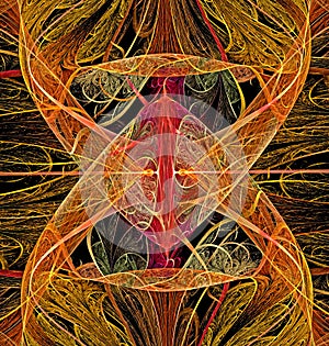 Abstract fractal computer generated image of a multicolored geometric pattern on a dark background