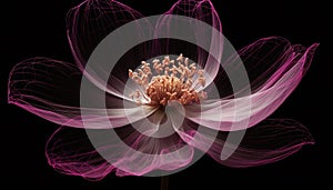 Abstract fractal flower in glowing purple, on black background generated by AI
