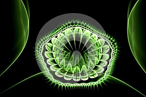 Abstract fractal glowing 3d flower in light green shades. Fractal illustration on a black background