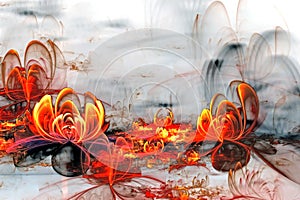 Abstract fractal computer-generated glowing 3d flowers. Multicolored fractal painting on a light background resembles a watercolor