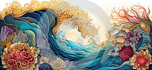 Abstract fractal ocean wave and florals illustration. Dynamic liquid background. (Generative AI) photo
