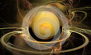 Abstract fractal, yellow 3D planet among energy flashes on a black background