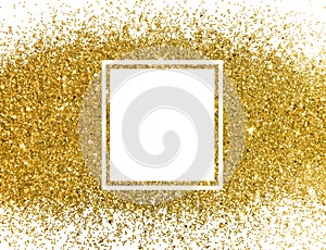Abstract frame of gold glitter sparkle on white. Textured background with border